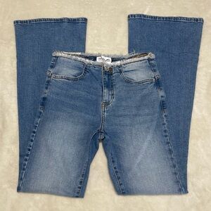 Miss Selfridge(ASOS)CasualChic Medium Wash Flare Jeans with Distressed Waist Hem